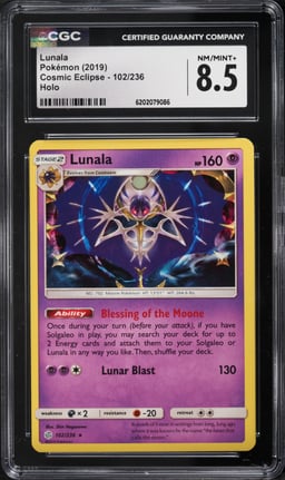 2019 Pokemon Sun & Moon Cosmic Eclipse Holo Lunala #102 CGC 8.5 NM-MT+