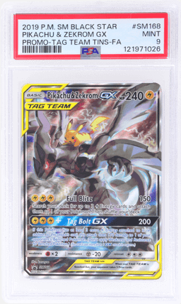 2019 Pokemon Sun and Moon Black Star Promo Tag Team Tins Pikachu/Zekrom Gx #SM168 PSA 9