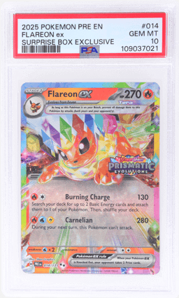 2025 Pokemon Scarlet and Violet Prismatic Evolutions Surprise Box Exclusive Flareon Ex #14 PSA 10