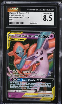 2019 Pokemon SM Unified Minds Full Art Espeon & Deoxys GX #72 CGC 8.5 NM-MT+