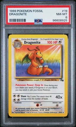 1999 POKEMON FOSSIL #19 DRAGONITE PSA 8