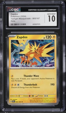 2024 Pokemon Twilight Masquerade Holo Zapdos #065 CGC 10 GEM MINT