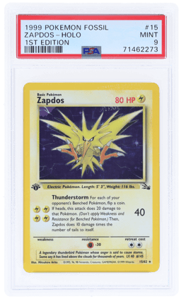 1999 Pokemon Fossil 1st Edition Holo Zapdos #15 PSA 9