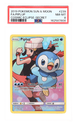 2019 Pokemon Sun and Moon Cosmic Eclipse Secret Rare Piplup #239 PSA 8