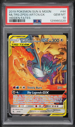 2019 Pokemon Sun & Moon Hidden Fates Full Art Moltres Zapdos Articuno GX #44 PSA 10 GEM MINT
