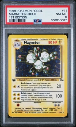 1999 POKEMON FOSSIL 1ST ED #11 MAGNETON-HOLO PSA 8