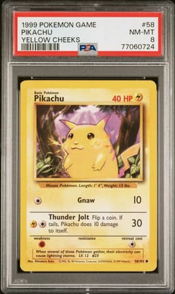 1999 POKEMON BASE SET SHADOWLESS YELLOW CHEEKS #58 PIKACHU PSA 8