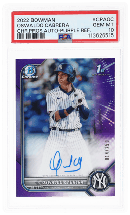 2022 Bowman Chrome Prospect Autograph Purple Refractor Oswaldo Cabrera #CPAOC 14/250 PSA 10