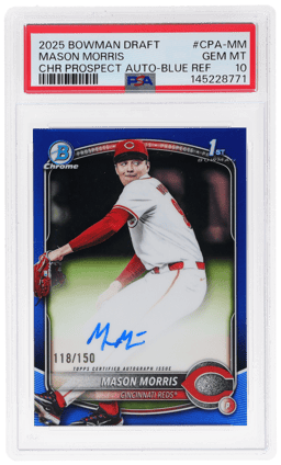 2025 Bowman Draft Chrome Prospect Autograph Blue Refractor Mason Morris #CPA-MM 118/150 PSA 10