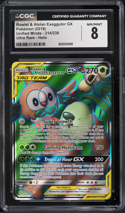 2019 Pokemon Sun & Moon Unified Minds Full Art Rowlet & Alolan Exeggutor GX CGC 8 NM-MT