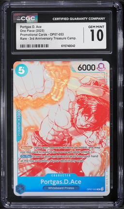 2025 One Piece Promo 3rd Anniversary Treasure Alt Art Portgas D. Ace #OP07-053 CGC 10 GEM MINT