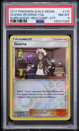 2017 Pokemon SM Burning Shadows Regional Championship Staff Reverse Holo Guzma #115 PSA 8 NM-MT