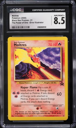 2000 Pokemon Black Star Promo Aoki Error Moltres #21 CGC 8.5 NM-MT+