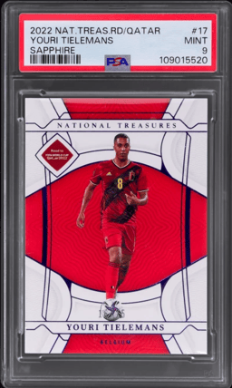 2022 National Treasures Road To the World Cup Sapphire Youri Tielemans #17 16/25 PSA 9