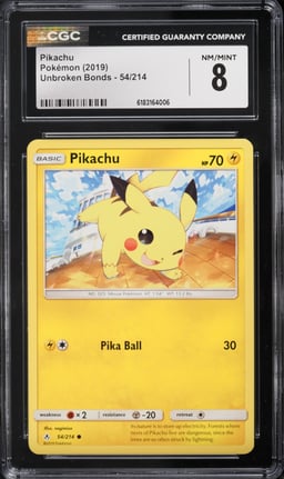 2019 Pokemon Sun & Moon Unbroken Bonds Pikachu #54 CGC 8 NM-MT