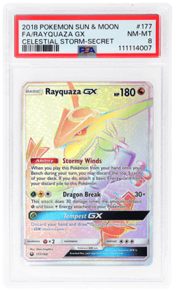 2018 Pokemon Sun and Moon Celestial Storm Secret Rare Rayquaza Gx #177 PSA 8