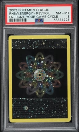 2002 Pokemon League Energize Your Game Cycle Reverse Holo Rainbow Energy PSA 8
