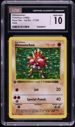 1999 Pokemon Base Set Shadowless 1st Edition Holo Hitmonchan #7 CGC 10 GEM MINT