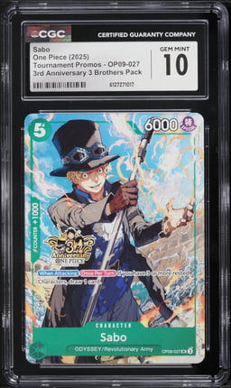 2025 One Piece Tournament Promos 3rd Anniversary 3 Brothers Pack Sabo #OP09-027 CGC 10 GEM MINT