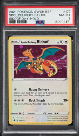 2021 Pokemon Sword & Shield Promo Day Center Holo Special Delivery Bidoof #SWSH177 PSA 8 NM-MT