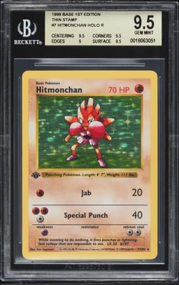 1999 Pokemon Base Shadowless 1st Edition Thin Stamp Holo Hitmonchan #7 BGS 9.5 GEM MINT