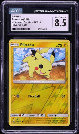 2019 Pokemon Sun & Moon Unbroken Bonds Reverse Holo Pikachu #54 CGC 8.5 NM-MT+