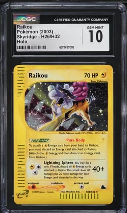 2003 Pokemon Skyridge Holo Raikou #H26 CGC 10 GEM MINT