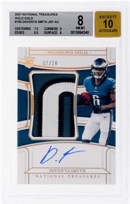 2021 National Treasures Rookie Patch Autograph Holo Gold Devonta Smith #160 7/10 BGS 8