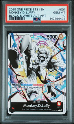 2025 ONE PIECE STARTER DECK ST21-EX GEAR 5 001 MONKEY D. LUFFY BLACK & WHITE ALTERNATE ART PSA 10