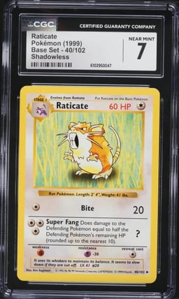1999 Pokemon Base Set Shadowless Raticate #40 CGC 7 NRMT