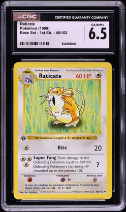 1999 Pokemon Base Set Shadowless 1st Edition Raticate #40 CGC 6.5 EXMT+
