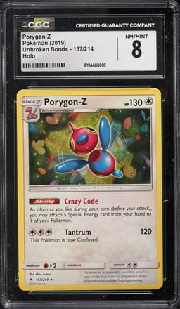 2019 Pokemon Sun & Moon Unbroken Bonds Holo Porygon-Z #157 CGC 8 NM-MT