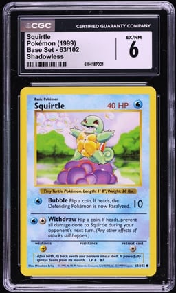 1999 Pokemon Base Set Shadowless Squirtle #63 CGC 6 EXMT