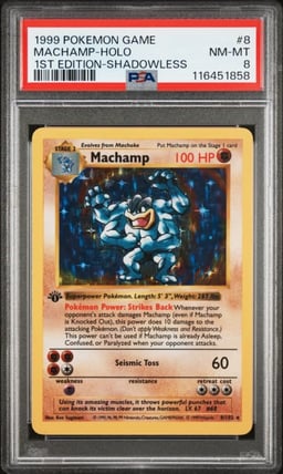 1999 POKEMON BASE SET 1ST EDITION-SHADOWLESS #8 MACHAMP-HOLO PSA 8