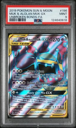 2019 Pokemon SM Unbroken Bonds Full Art Muk & Alolan Muk GX #196 PSA 9 MINT
