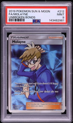 2019 Pokemon Sun & Moon Unbroken Bonds Full Art Molayne #212 PSA 9 MINT