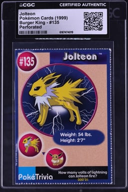 1999 Pokemon Nintendo Cards Burger King Perforated Jolteon #135 CGC AUTH