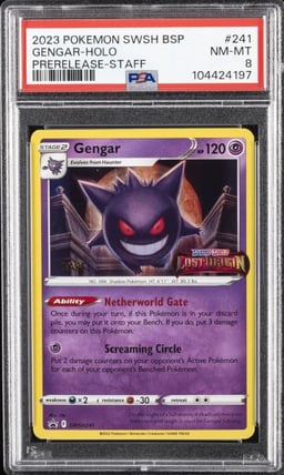 2023 POKEMON SWSH BLACK STAR PROMO PRERELEASE-STAFF #241 GENGAR-HOLO PSA 8