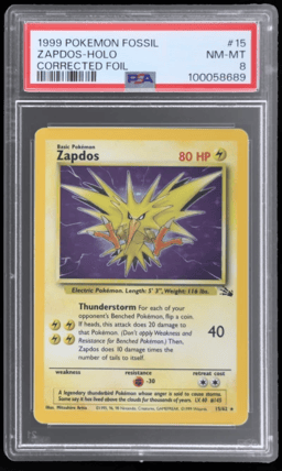 1999 Pokemon Fossil Corrected Foil Zapdos #15 PSA 8