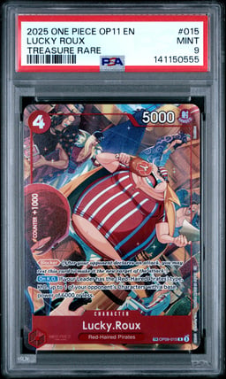 2025 ONE PIECE OP11-A FIST OF DIVINE SPEED 015 LUCKY ROUX TREASURE RARE PSA 9