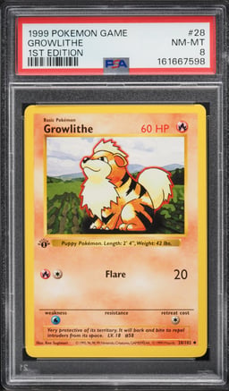 1999 Pokemon Base Set Shadowless 1st Edition Growlithe #28 PSA 8 NM-MT
