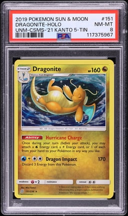 2019 Pokemon Sun & Moon Unified Minds Cosmos Holo Dragonite #151 PSA 8 NM-MT