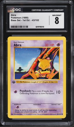 1999 Pokemon Base Set Shadowless 1st Edition Abra #43 CGC 8 NM-MT