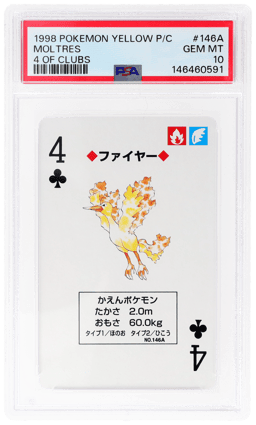1998 Pokemon Yellow Version Playing Cards 4 of Clubs Moltres #146A PSA 10