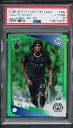 2025 Topps Chrome UEFA CC Green Refractor Reigan Heskey ROOKIE /99 #142 PSA 10 GEM MINT