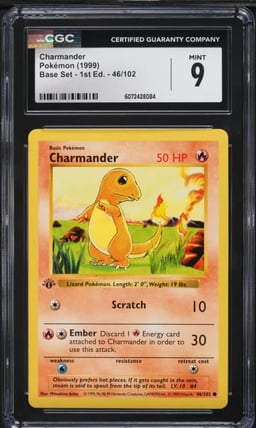 1999 Pokemon Base Set Shadowless 1st Edition Charmander #46 CGC 9 MINT