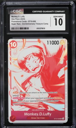 2025 One Piece Promo 3rd Anniversary Treasure SR Monkey D. Luffy #ST10-006 CGC 10 GEM MINT