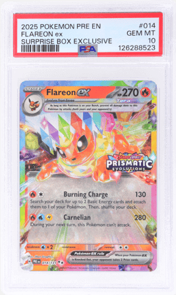 2025 Pokemon Scarlet and Violet Prismatic Evolutions Surprise Box Exclusive Flareon Ex #14 PSA 10