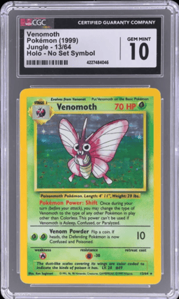 1999 Pokemon Jungle Holo No Symbol Error Venomoth #13B CGC 10