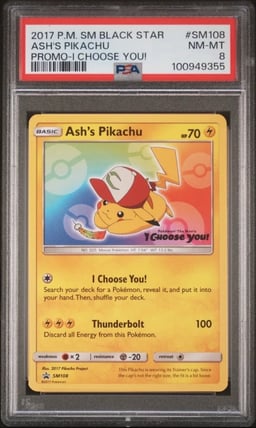 2017 POKEMON SM BLACK STAR PROMO I CHOOSE YOU! #SM108 ASH'S PIKACHU PSA 8